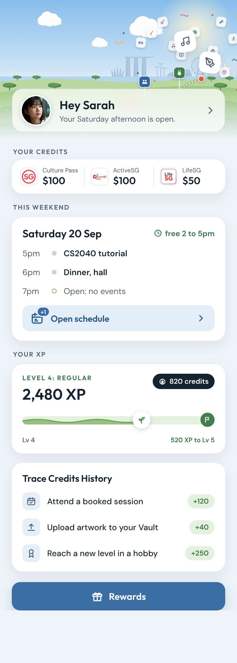 Home: Hey Sarah, your Saturday afternoon is open. Credits, this weekend's schedule, XP and Rewards.