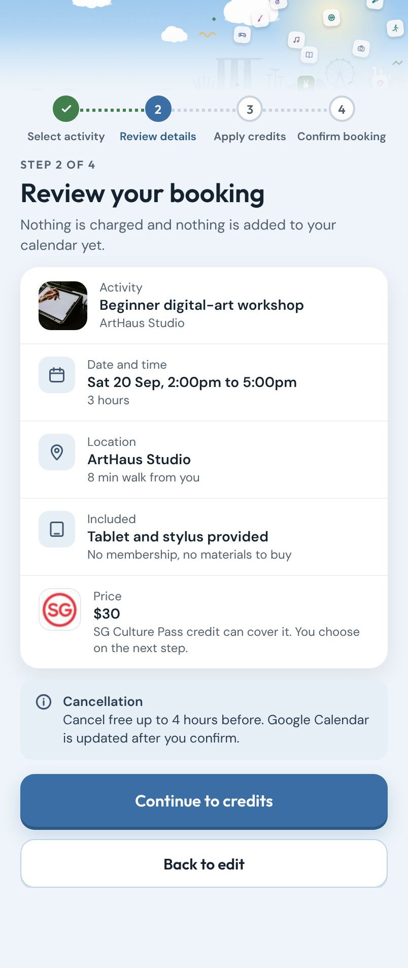 Step 2 of 4. Review your booking: Beginner digital-art workshop, ArtHaus Studio, Sat 20 Sep 2 to 5pm, 30 dollars.